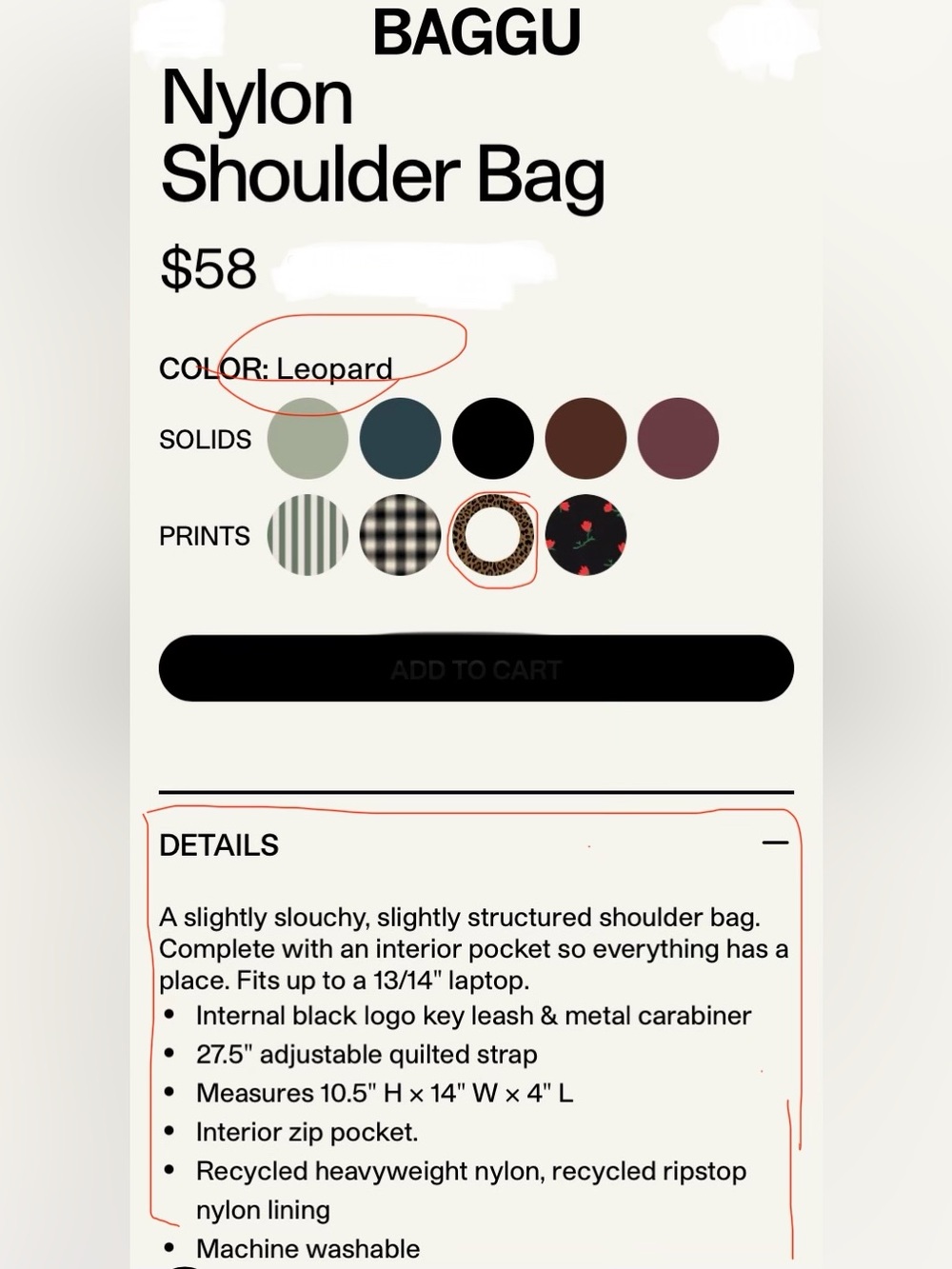 BAGGU Leopard-Print Nylon Shoulder Bag in Brown and Black, Adjustable Strap. - Picture 5 of 16
